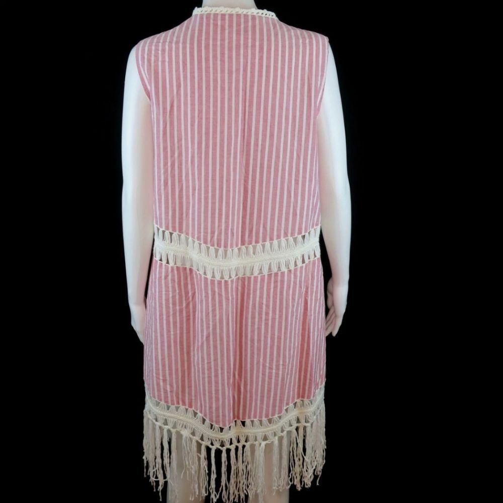 Indigo Thread Co. Striped Woven Crochet & Fringe Trimmed Open Front Duster NWOT - Picture 3 of 5